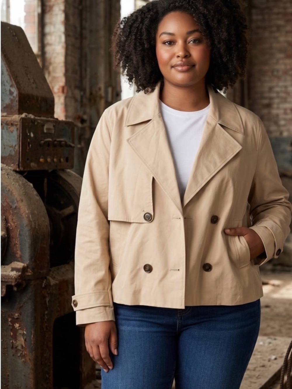 The Drop Beige Double-Breasted Cropped Trench Coat. Size S